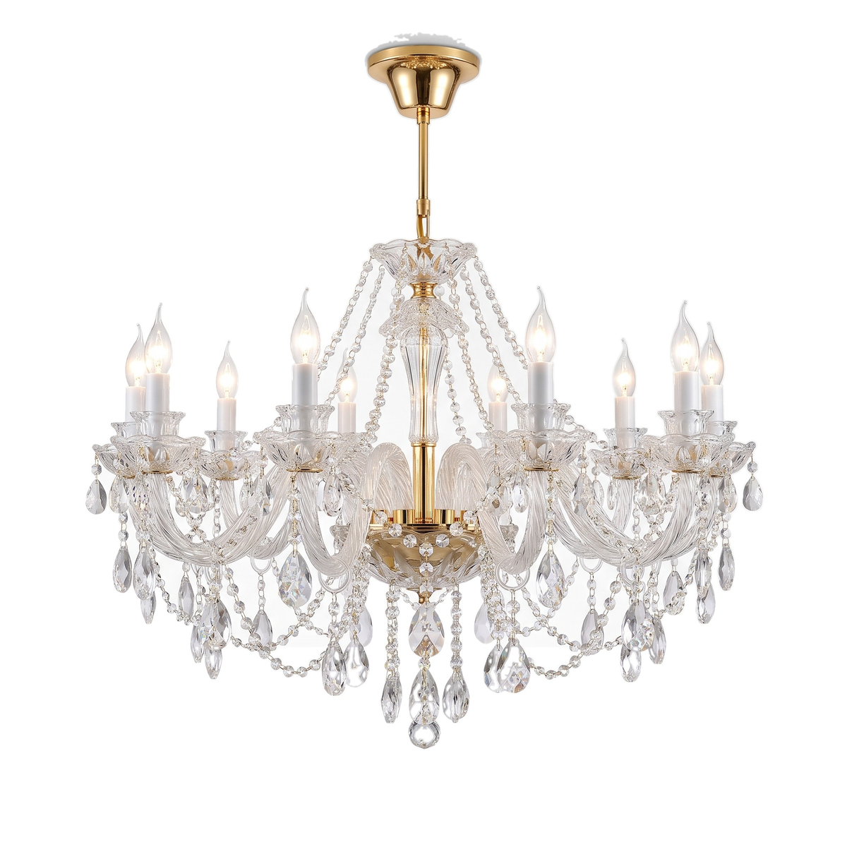 Regent crystal candle chandelier with candle arms in gold on a white background