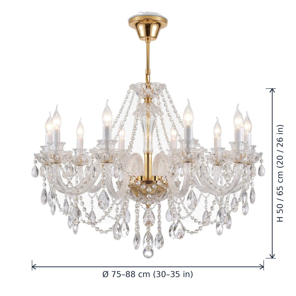 Regent crystal candle chandelier dimensions in cm and inches