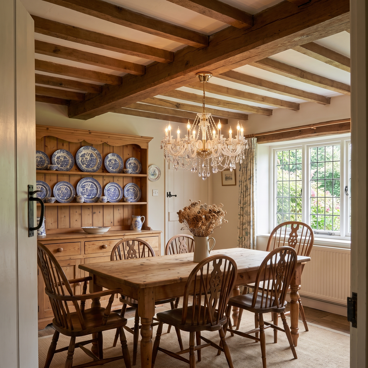 Regent crystal candle chandelier above a table in an English cottage dining room