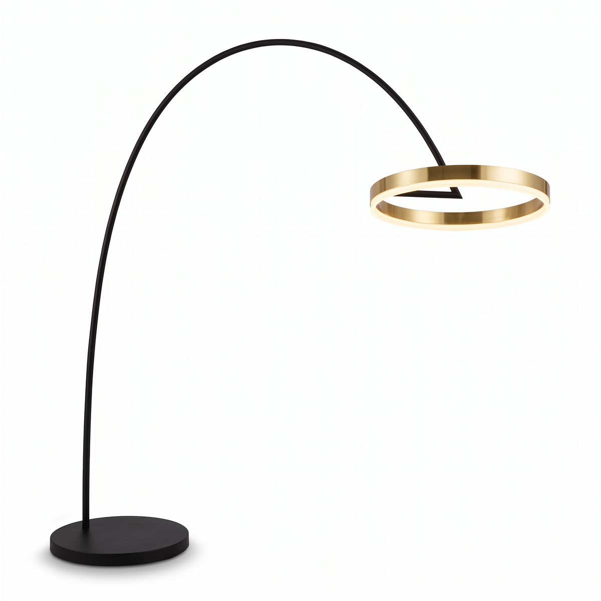 Richmond gold arc floor lamp with the larger 60 cm gold LED ring, white background