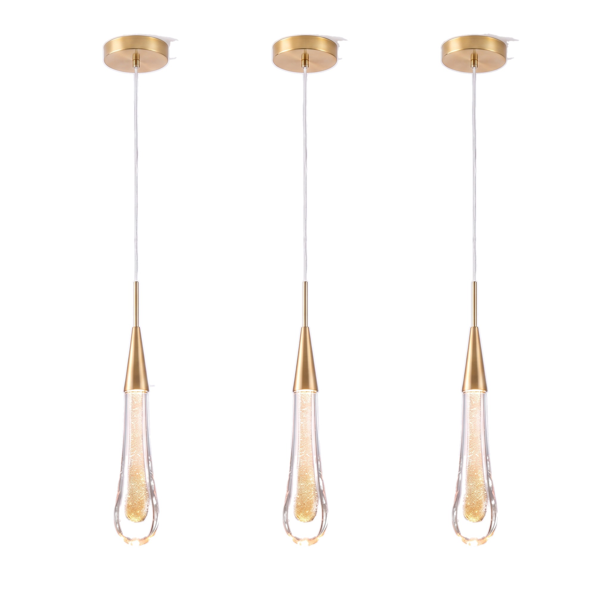 Islington crystal teardrop pendant light, set of three in gold on a white background