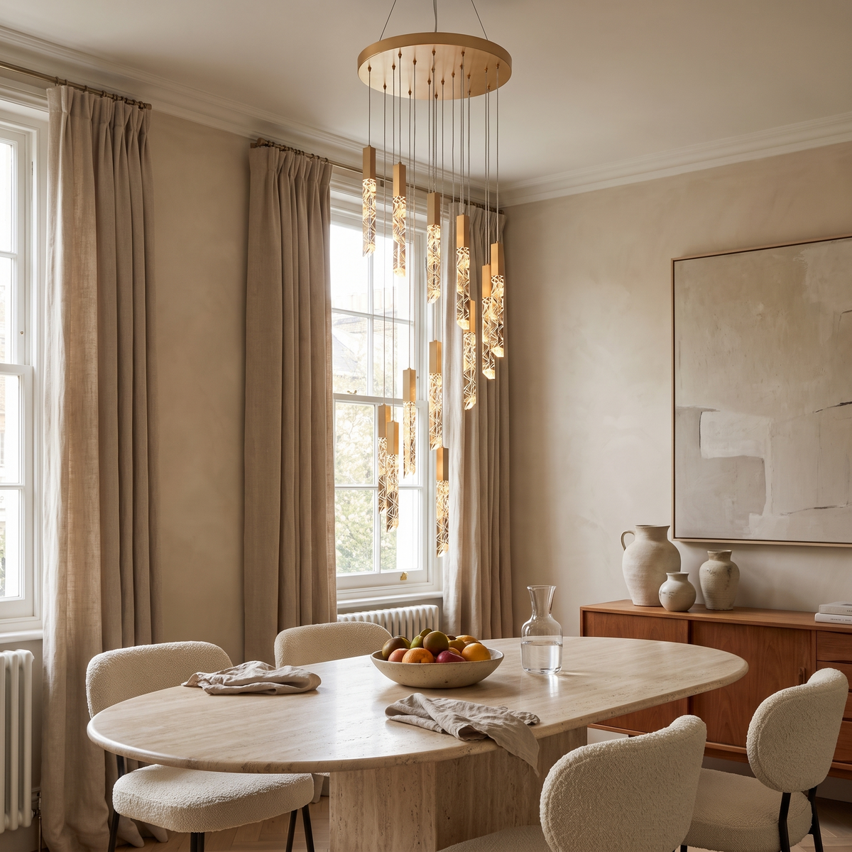 Somerset spiral crystal chandelier above a travertine dining table