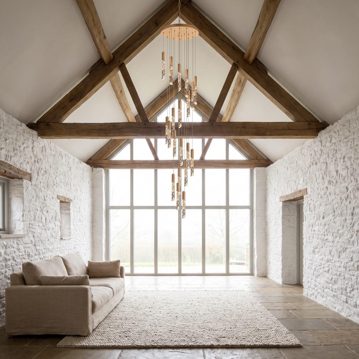 Somerset spiral crystal chandelier in a high-ceiling barn conversion living room
