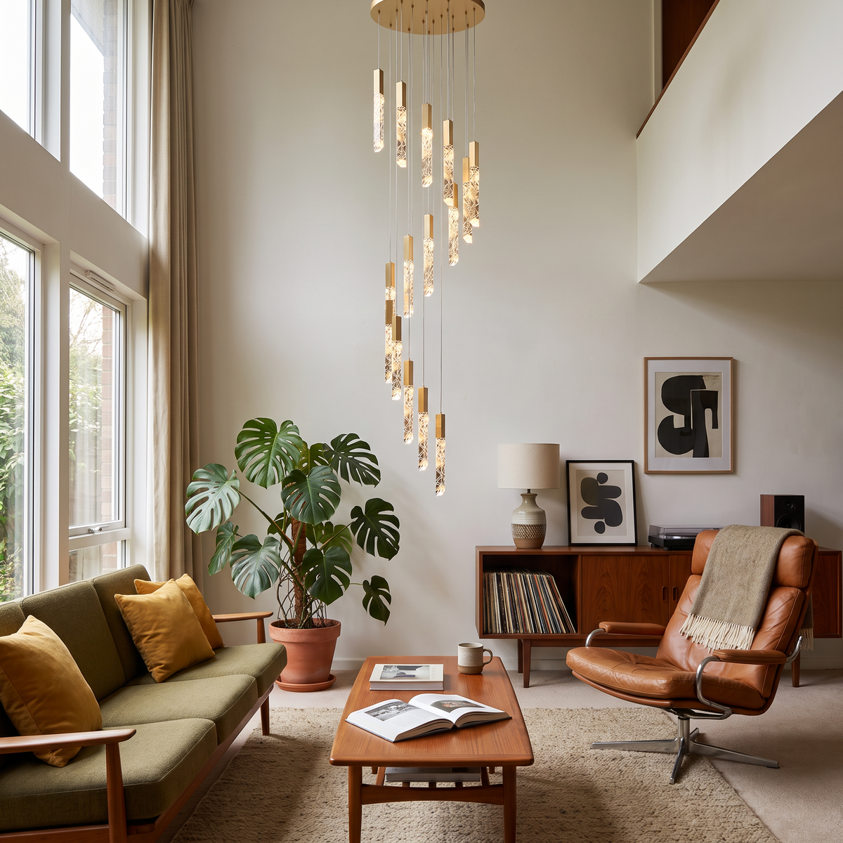 Somerset spiral crystal chandelier in a mid-century modern living room