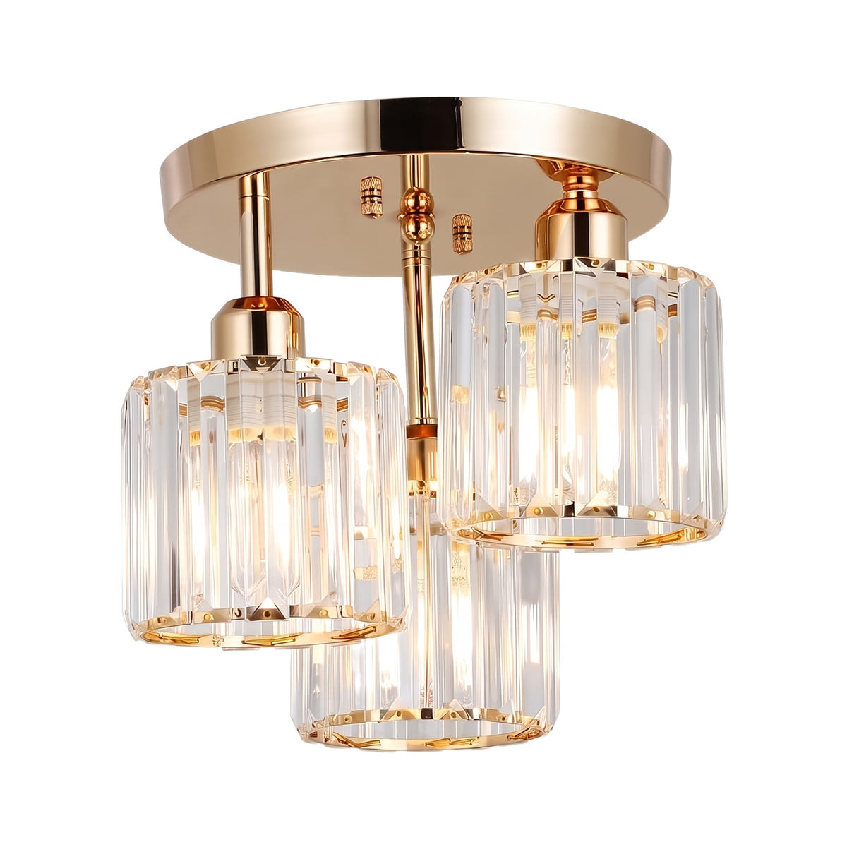 Strand crystal semi flush ceiling light with three crystal prism shades in gold