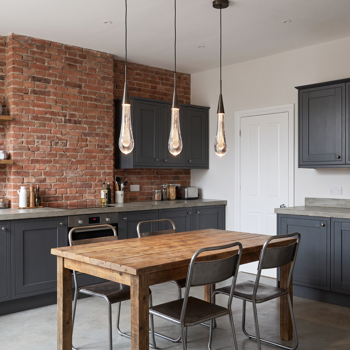 Islington crystal teardrop pendant light, three in bronze above a wooden kitchen table