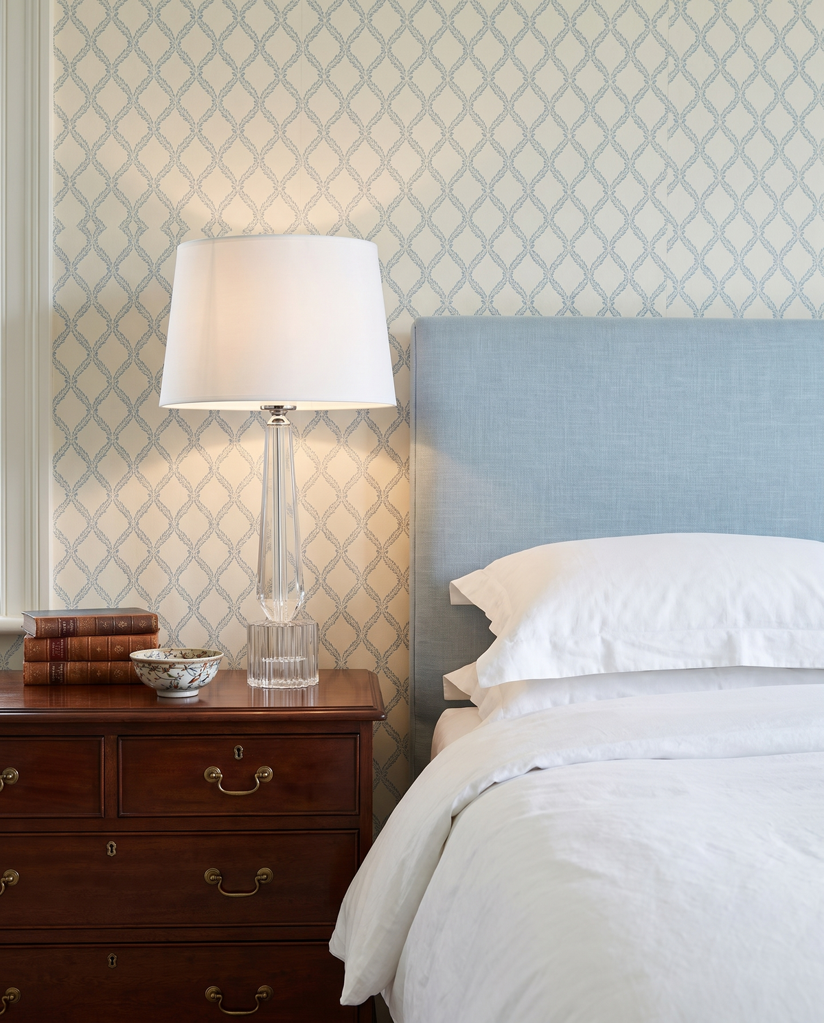 Westminster crystal column table lamp on a mahogany bedside chest
