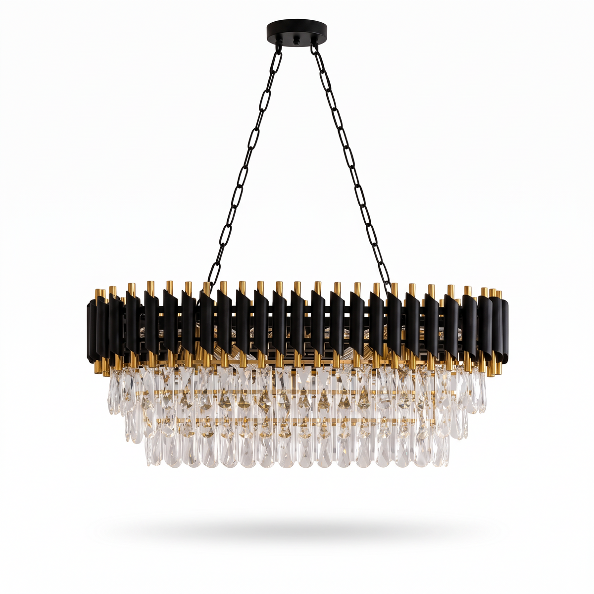Windsor black and gold crystal chandelier, oval island model on a white background